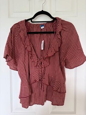 Old Navy Red Gingham Ruffle Tie-Front Blouse
